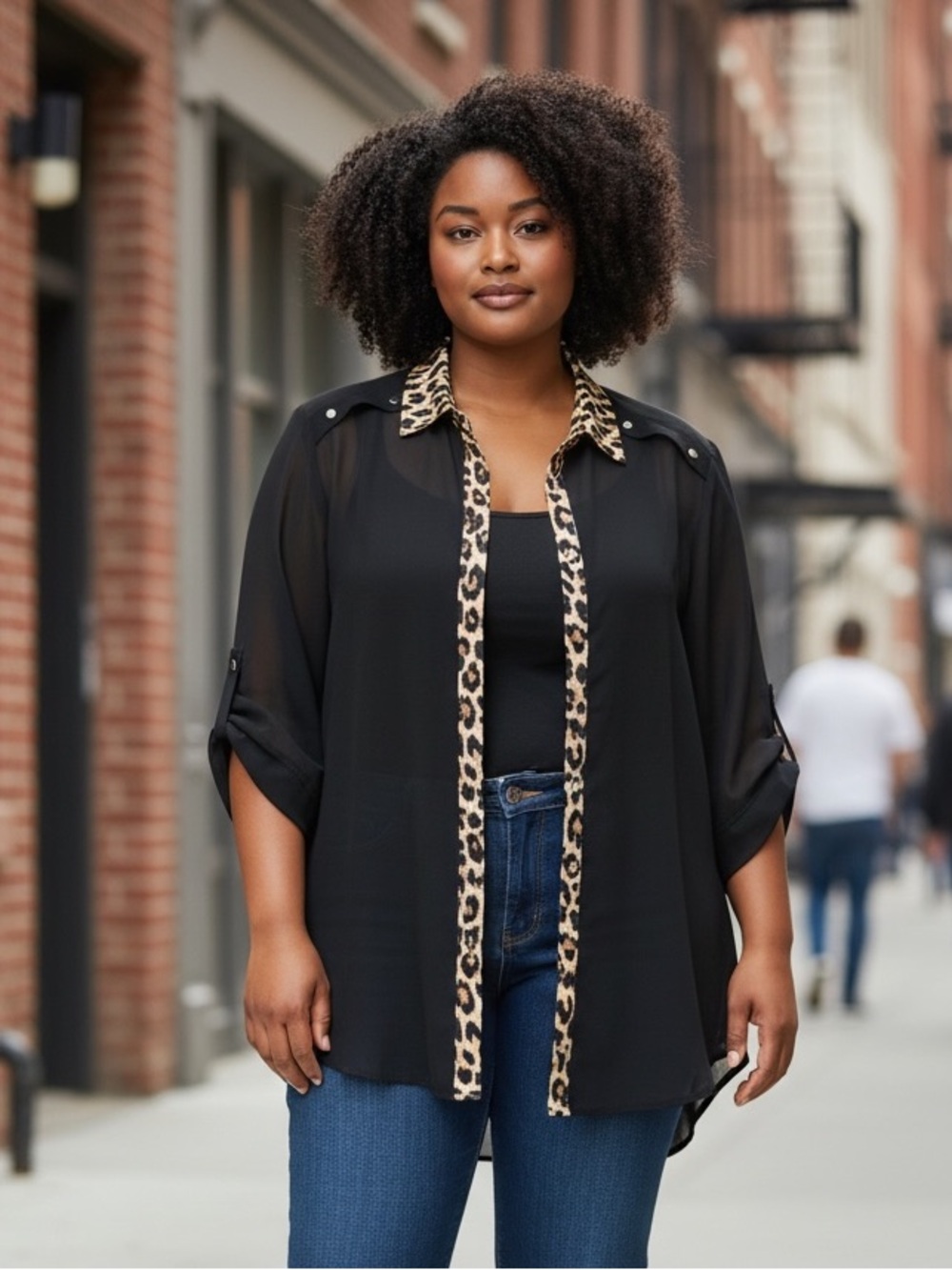 Frank Lyman Design Black Sheer Button-Down Blouse w/ Leopard Patterned Trim EUC